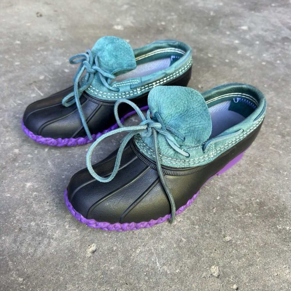 RARE Vintage LL Bean Duck Shoes Boots Teal Green Leather & Purple Maine Sz 8